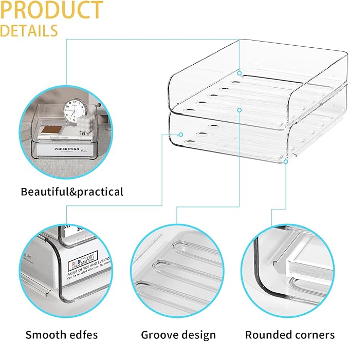 FANXIYQ 2-Tier Acrylic Paper Tray Organizer - Low-Profile Desk File Sorter for Office/Home, Clear Stackable Letter Tray for Bills, Crafts, Notebooks