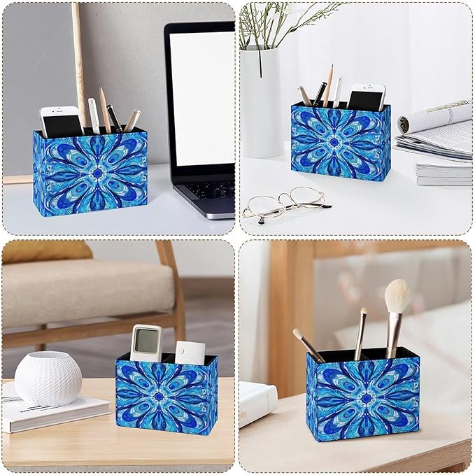 Famame Blue White Abstract Design Pencil Holder for Desk, Leather Desktop Container Pen Cup Storage Study Table Pen Organizer Makeup Brush Holder for Classroom Office Home