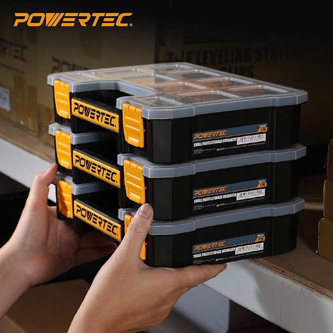 POWERTEC Small Parts Organizer & Tool Box – 10 Compartments, Stackable Storage with Removable Dividers, Clear Lid, Portable Design, 3-Pack (72117-P3)