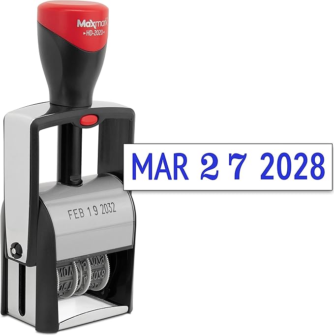MaxMark Heavy Duty Date Stamp, Large Date Size - Exclusive 12-Year Band - Blue Ink