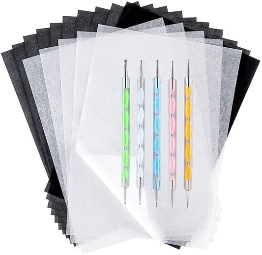100 Sheets White Tracing Paper 100 Sheets Carbon Transfer Paper and 5 Pieces Ball Embossing Styluses for Wood Burning Craft, Paper, Canvas and Other Art Craft Surfaces