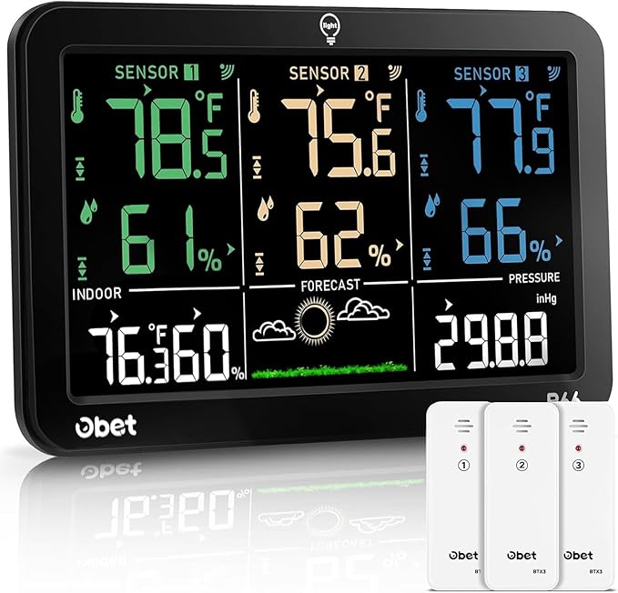 OBET Weather Station Wireless Indoor Outdoor Thermometer Wireless, Color Display Digital Temperature and Humidity Monitor with 3 Sensors, Alerts, Adjustable Backlight, USB Port (500 Feet)