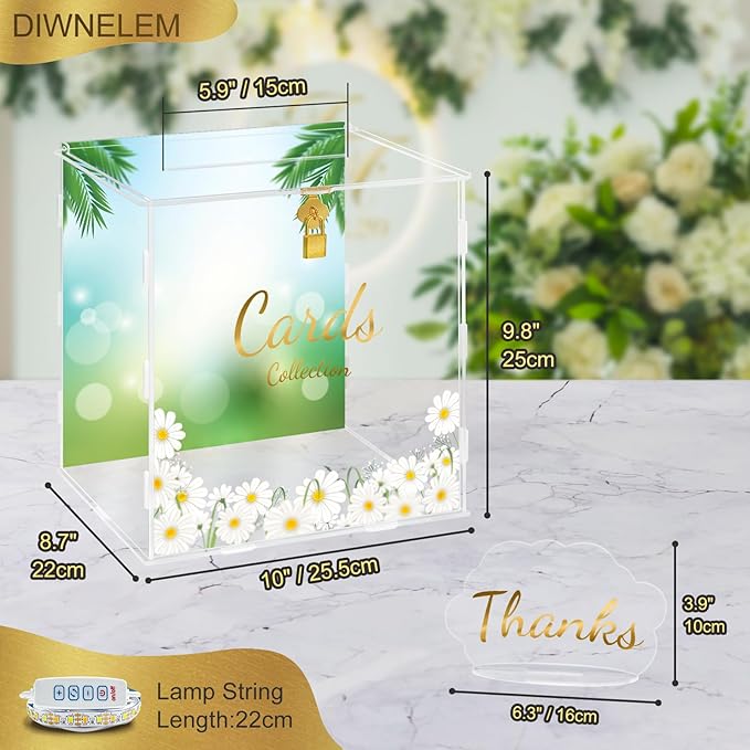 DIWNELEM Wedding Card Box with Lock&Light Large Letter Envelope Box Wedding Gift Card Box Money Box for Reception Baby Shower Birthday Party Graduation Decorations