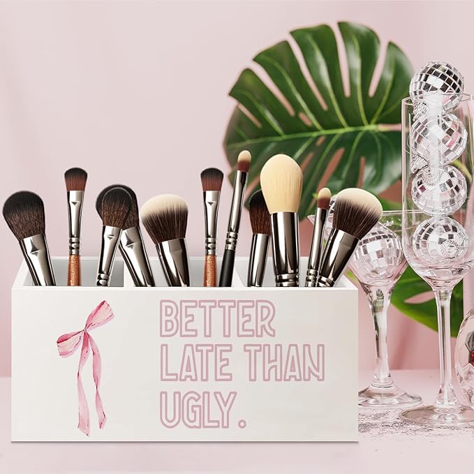 URLLUAE Better Late Than Ugly Funny Pink Makeup Brush Toothbrush Holder Organizer for Bathroom Vanity, Coquette Pink Bow Preppy Wooden Pen Pencil Holder for Desk Accessories