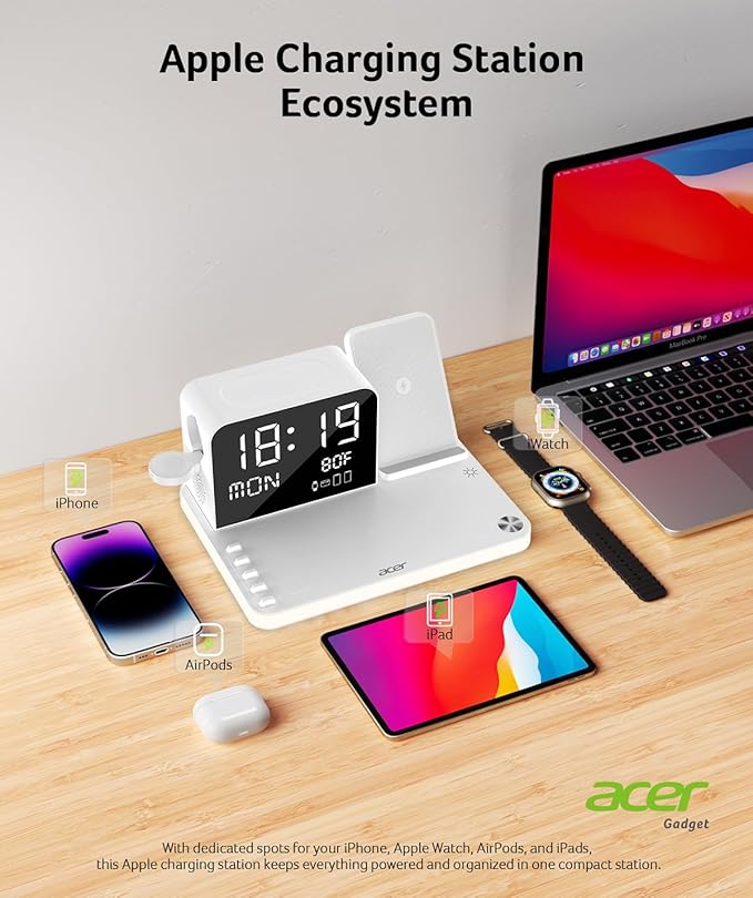 Acer 7-in-1 Wireless Charging Station with LED Clock - 30W Fast Wireless Charger for iPhone 16/15/14/13/12/Pro Max, Apple Watch, AirPods - Bluetooth Auto Time Sync & Night Lights (White)