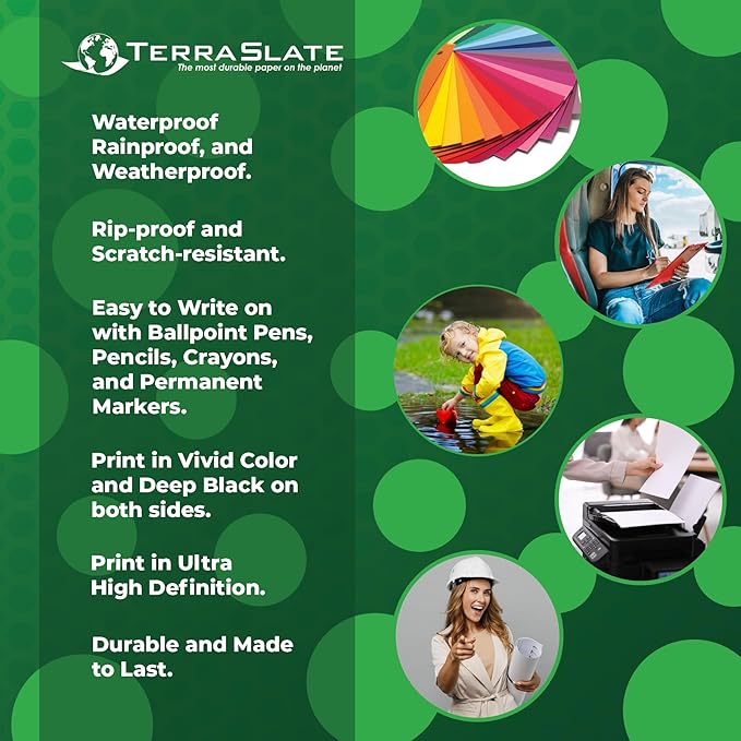 TerraSlate Printable Waterproof Paper for Laser Printer, 10 MIL 8.5" x 14", 50 Sheets, Matte White Printer Paper, Rip-Resistant, Weather/Rain Proof Copy Paper