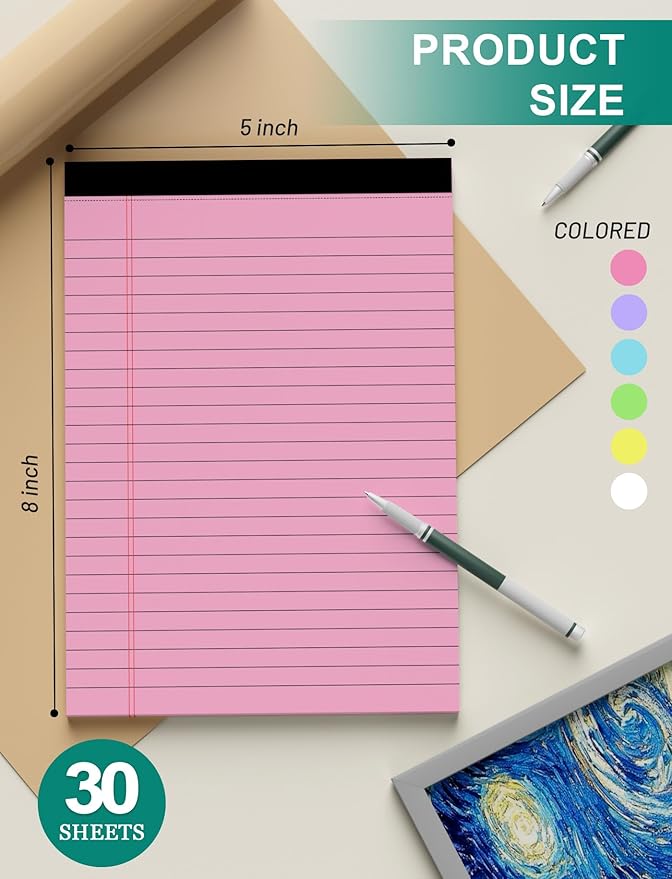 AIFLYAN 12 Pack Legal Pads 5x8 Inch Colorful Note Pads for Writing NotePads，Narrow Ruled Small Notepad 5x8 inch Legal Pad,30 Sheets Per Notebook Writing Pad for Study, Office, to-Do Lists(Multicolor)
