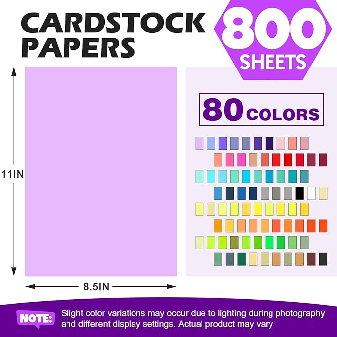 800 Sheets 8.5" X 11" Colored Cardstock, 80 Assorted Colors 180 GSM/65 LB Construction Paper Card Stock Printer Paper for Printing, Card Making, DIY Crafts, Kids School Supplies,Party Decorations