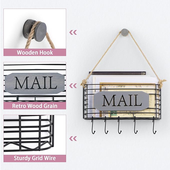 SRIWATANA Mail Holder Wall Mount, Mail Organizer Key Holder for Wall, Small Size, Weathered Grey