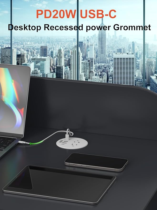 Recessed Power Grommet 3 inch with PD20W USB C Ports 2 AC Outlets,Recessed Outlet Fast Charging Station,Desk Hole Grommet Outlets,Round Desktop Power Grommet Outlet for Office,Home (White, 20W USB)