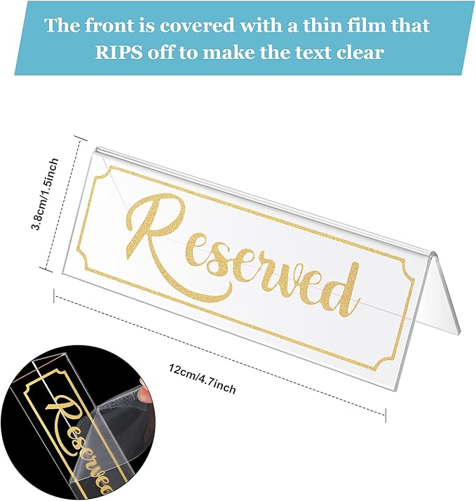 16 Pieces Reserved Sign Acrylic Clear Reserved Table Tent Signs Table Number Holders for Wedding Printed Seating Reservation Restaurant Business Office Meeting Party (Gold)
