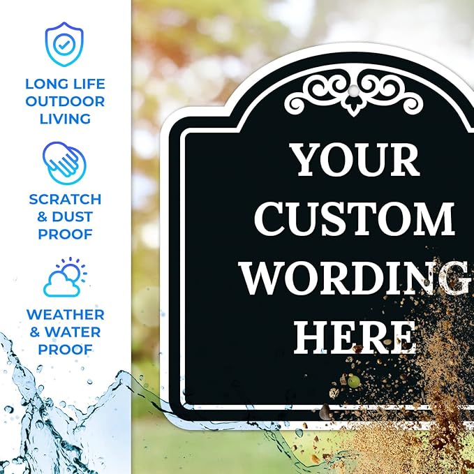 Custom Decorative Sign, Personalized Metal Sign for Business, Driveway, Home, Airbnb, Office Door Plaque, Black Background, 12x12 Inches, ACM, Fade Resistant, Made in USA
