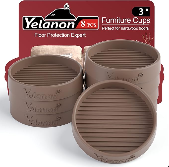 Yelanon Furniture Coasters - 8 Pcs 3”Round Furniture Caster Cups - Non Slip Pads Hardwood Floors Non Skid Grippers Rubber Furniture Feet - Anti Slide Floor Protector for Bed Couch Stoppers Brown