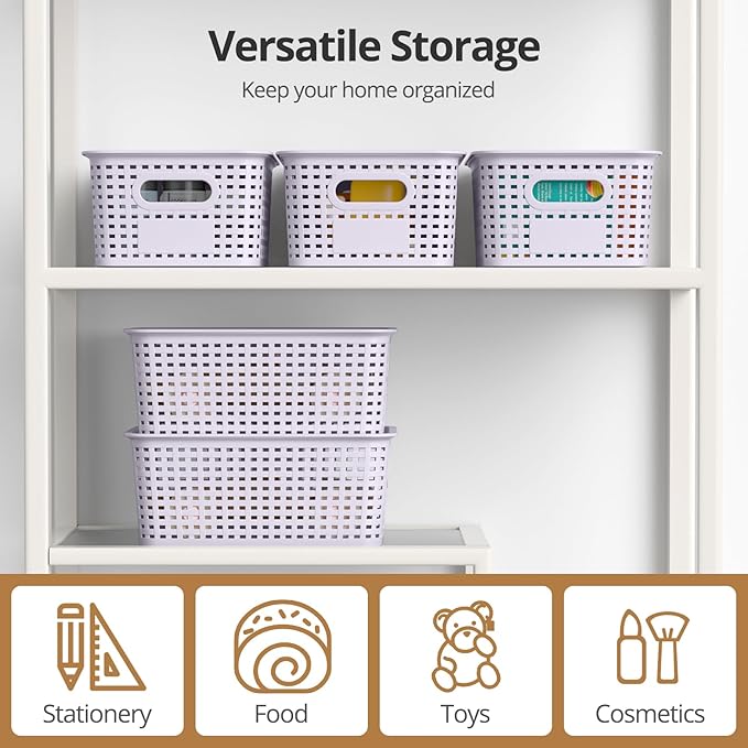 ZFTMRR Plastic Storage Basket with Lid, Stackable Small Box Bins for Organizing and Containers for Shelves Drawers Desktop Closet Playroom Pantry Classroom Office Home, 8 Pack 10.2"x7.2"x4.1" Lavender