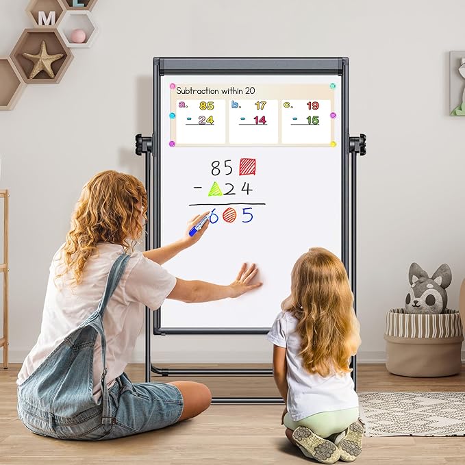 Stand White Board Magnetic 40 x 28 inches Dry Erase Board Double Sided Height Adjustable Flip Chart Easel with Flipchart Hooks for Teaching Presentation Meeting, Black
