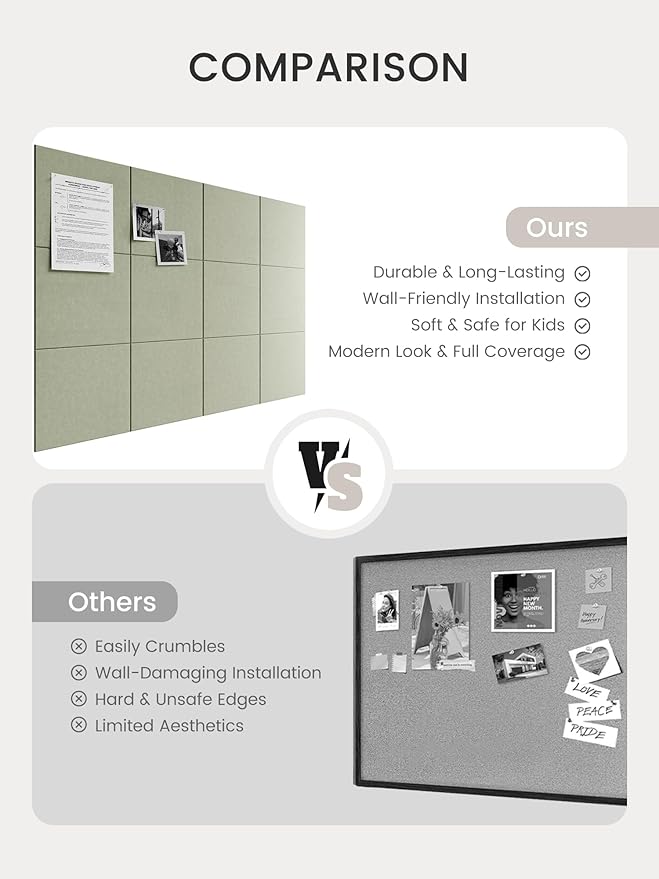 Bumusty Large Cork Board 47"x35" Alternative - 12 Pack Felt Wall Tiles with 70 Safe Removable Adhesive Tabs, 30 Pushpins, Cork Boards for Walls Pin Board Bulletin Board Office Decor (Sage)