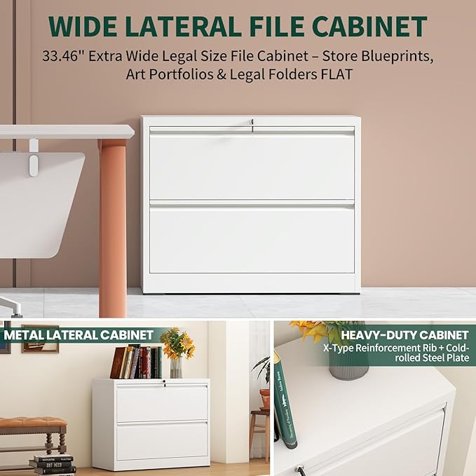 2 Drawer Lateral File Cabinet with Lock, Metal File Cabinets for Home Office, Office Furniture for Organization Hanging Legal/Letter/A4, Metal Filing Cabinet Storage Cabinet, Require Assembly, White