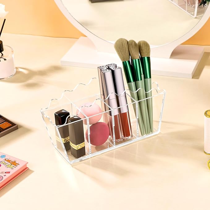 Zioffiel Scalloped Acrylic Pen Pencil Marker Cup Holder Organizer for Desk 4 Compartments, Clear Makeup Brush Holder With Removable Dividers