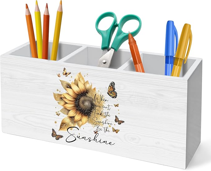 HUKINE Sunflower Inspirational Quotes Pen Holder for Desk Decoration, When You Can't Find the Sunshine Motivational Wooden Box Sign Pencil Holder Organizer for Home Office Desk Accessories