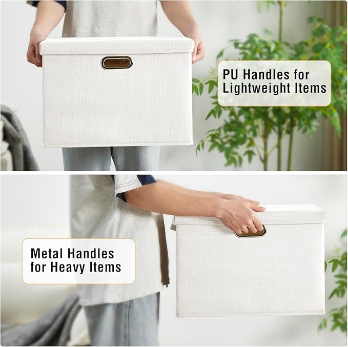 Roobyl 17" Large Collapsible Storage Bins with Lids, Stackable Closet Organizers with PU Handle and Labels, 3-Pack Decorative Fabric Storage Boxes for Home, Bedroom, Closet, Office, Nursery(White)