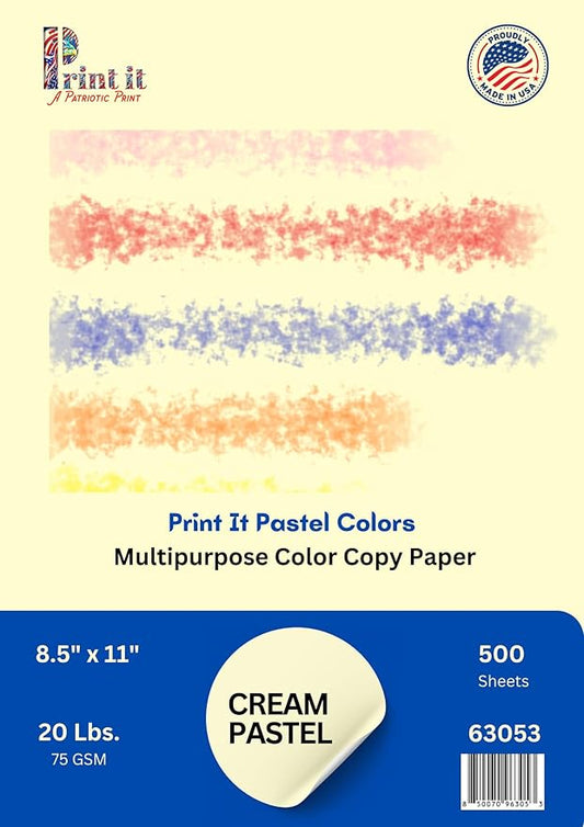 PrintIt Colors Multipurpose Paper, 20 lbs., 8.5" x 11", 500 Sheets/Ream – Premium Colored Copy Paper for Printing, School, and Office Use (Cream)