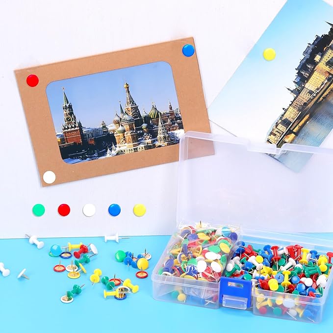 Glarks 1000pcs Vinyl-Coated Thumbtacks and Push Pins Set, Included 500pcs 23mm/0.9in Office Tacks Color Pins, 500pcs 10.3mm/0.4in Flat Thumb Tack, Stick Pins Thumb Tacks for Office & Personal Use