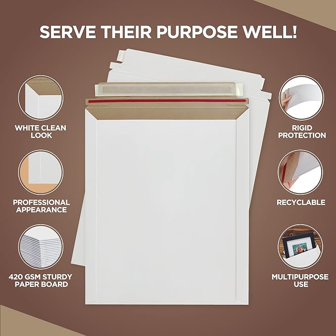 100 Pack 9x11.5 Inches Rigid Mailers – Self Adhesive White Cardboard Envelopes – Used as Mailing Supplies for Documents, Photos, CDs, Magazines, and Literature