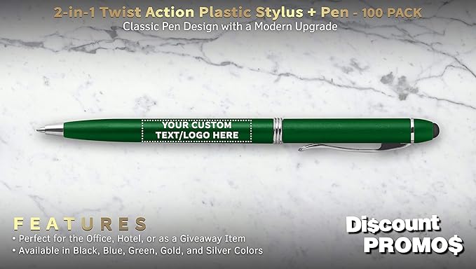DISCOUNT PROMOS Custom Twist Action Plastic Stylus Pens, Set of 100, Personalized Bulk Pack - Pens for Work, Cool Pens for Writing, Black Ink - Green