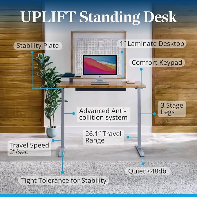 UPLIFTDESK V3 2-Leg Maple Laminate Wood Standing Desk – Adjustable Height, Advanced 1-Touch Memory Keypad, Under Desk Cable Management, Wire Grommets & Rocker Board (Black C-Frame, 80 x 30 inch)