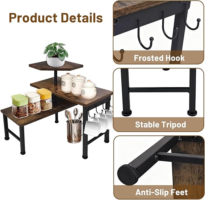 Uniqcovosa Kitchen Countertop Organizer, 3 Tier Moveable Corner Shelf Kitchen Shelf with Hook, Countertop Organizer for Bathroom, Spice Rack, Bookshelf, Coffee Area, Dresser Table (Brown)
