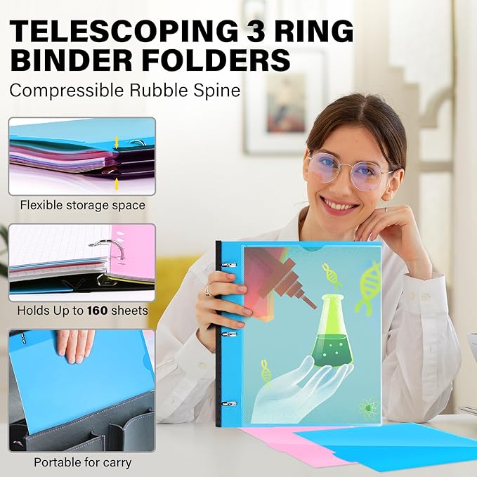 MAKHISTORY Telescoping 3 Ring Binder-4PCS, Flexible Binder with Customized Front Cover+Clear Catalog Pocket+3 Round Rings, Flat Writing Binder, 4 Bright Colors