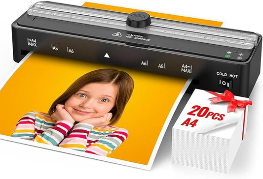 Laminator Machine with 20 A4 Laminating Pouches, Thermal and Cold Lamination Built in Cutter Quick Warm Up,9 Inch Portable Laminating Machine for Home Office School Use