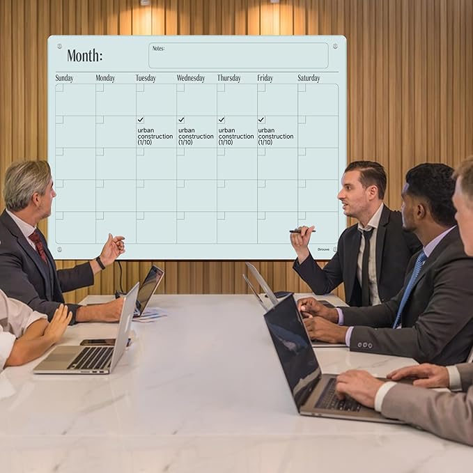 Magnetic Glass Monthly Calendar Whiteboard - 48"x36" Frameless Glass Dry Erase Board for Walls - White