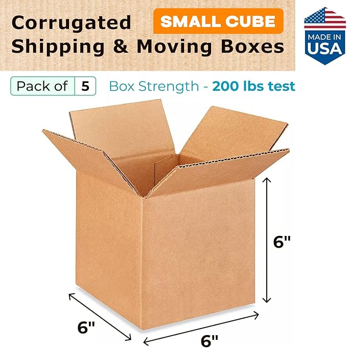 Small Cube Moving & Shipping Boxes 6 x 6 x 6 inches (5-Pack) - Extra Strength 200 lb vs Regular - Corrugated Moving Boxes for USPS/FEDEX - Packing Box for Moving - Cardboard Box by IDL Packaging