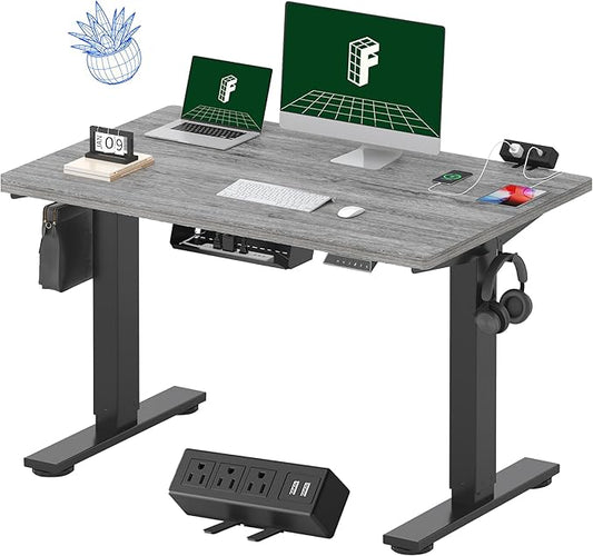 FLEXISPOT EN2 Whole-Piece Standing Desk with Clamp Power Strip, 48 x 30 Electric Stand Up Height Adjustable Desk with Cable Management (Black Frame + 48" Gray Wood Grain Desktop, 2 Packages)