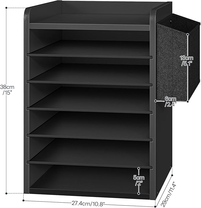 HOOBRO Adjustable Countertop Mail Sorter, 6 Tier Wooden Paper Organizer, Vertical Literature Organizer with Side Storage, Office Mailbox Cubbies, Classroom Mailbox, for Home, Office, Black BB34WF01
