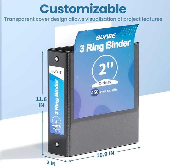 SUNEE 3 Ring Binder 2 Inch 1 Pack, Clear View Binder Three Ring PVC-Free (Fit 8.5x11 Inches) for School or Office Supplies, Black