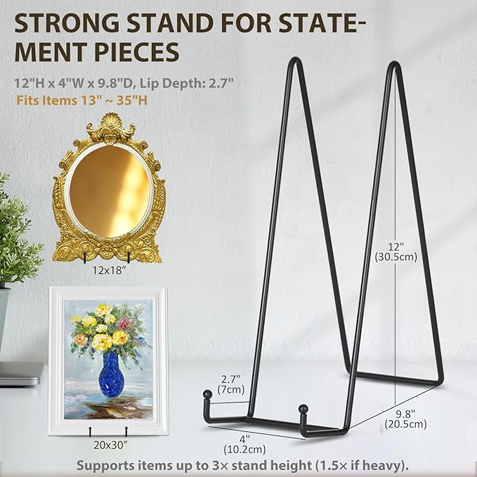 Plate Holder Large Display Stand - 2 Pack 12 Inch Oversized Plate Stands for Display Heavy Duty Artwork - Extra Big Metal Tabletop Easel for Decorative Platter | Picture Frame | Plaque | Book - Black