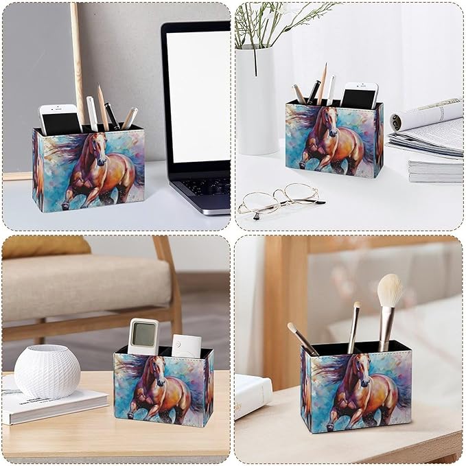 Famame Watercolor Horse Colorful Animal Pencil Holder for Desk, Leather Desktop Container Pen Cup Storage Study Table Pen Organizer Makeup Brushes Holder for Office Home