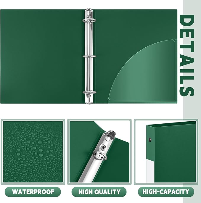 Henoyso 16 Pcs 3 Ring Binder 0.5 Inch Round Fits Letter Size 8.5'' x 11'' Paper Plastic Flexible Binder Bulk Holds 140 Sheets with 1 Pockets Versatile Organizer for Home Office School (Dark Green)