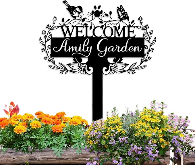 Custom Metal Garden Sign | Customized Butterfly Bird Garden Name Sign | Personalized Garden Signs | Metal Yard Sign Stakes | Personalized Metal Signs for Outdoors | Metal Signs Customized