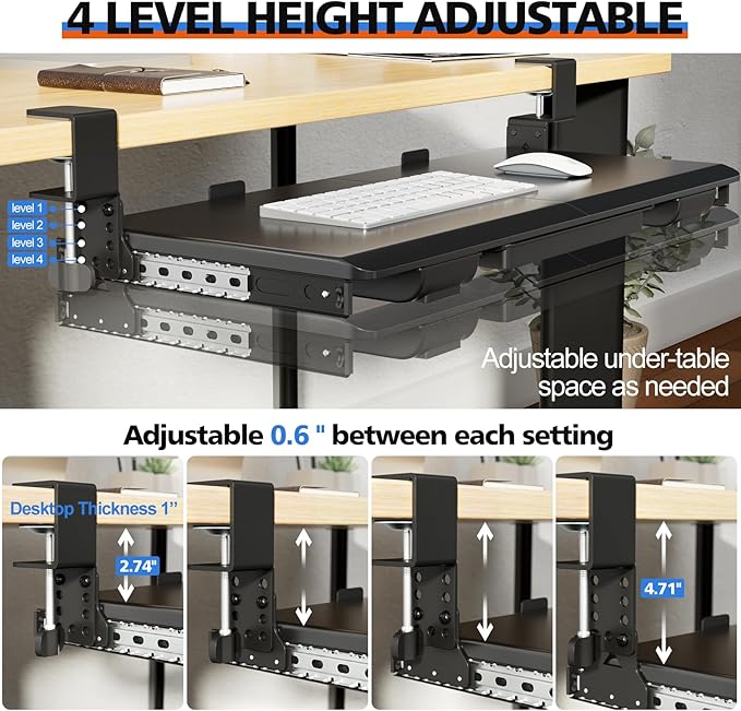 OUKMIC Large Height Adjustable Keyboard Tray with Sturdy C-Clamp Mount and Storage Drawer, 27"(31" Including Clamps) x 12" Slide Out Ergonomic Keyboard Trays for Home and Office, Black