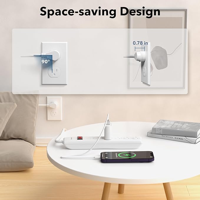 BN-LINK 6-Outlet Power Strip Surge Protector 1-Pack, 4-Foot Extension Cord, 600 Joules, Twist-to-Close Safety Covers, 90 Degree Flat Plug, Overload Protection, White