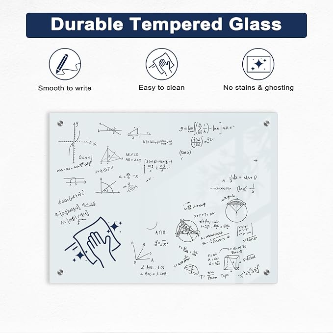 Magnetic Glass Whiteboard, 4' x 3' Glass Dry Erase Board for Wall, 48" x 36" Large Frameless White Board with 1 Marker Tray and 3 Magnets for Office, Home, Classroom - Normal White