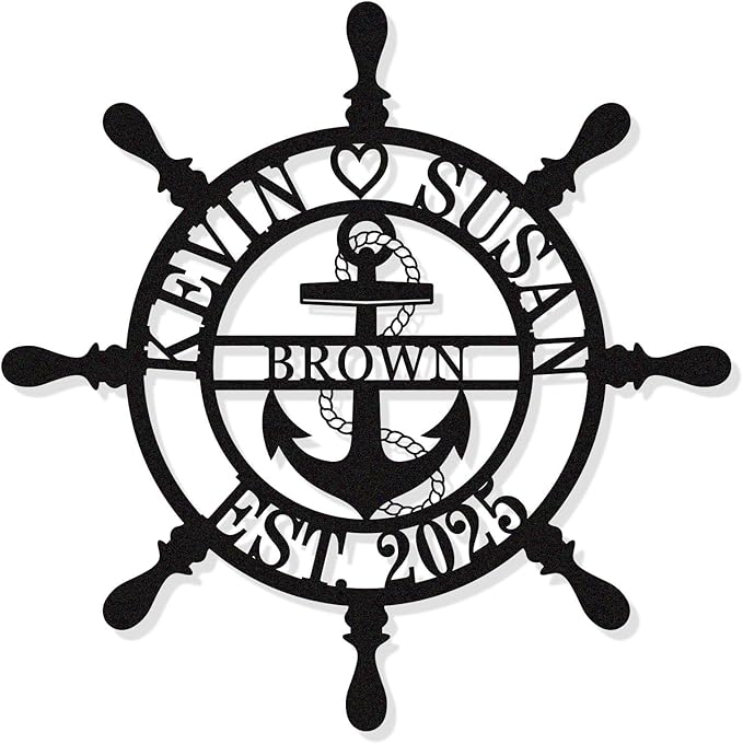 Personalized Wheel Ship Metal Sign, Custom Nautical Wall Decor, Custom Ship Wheel Monogram Wall Sign, Lake Beach House Decor