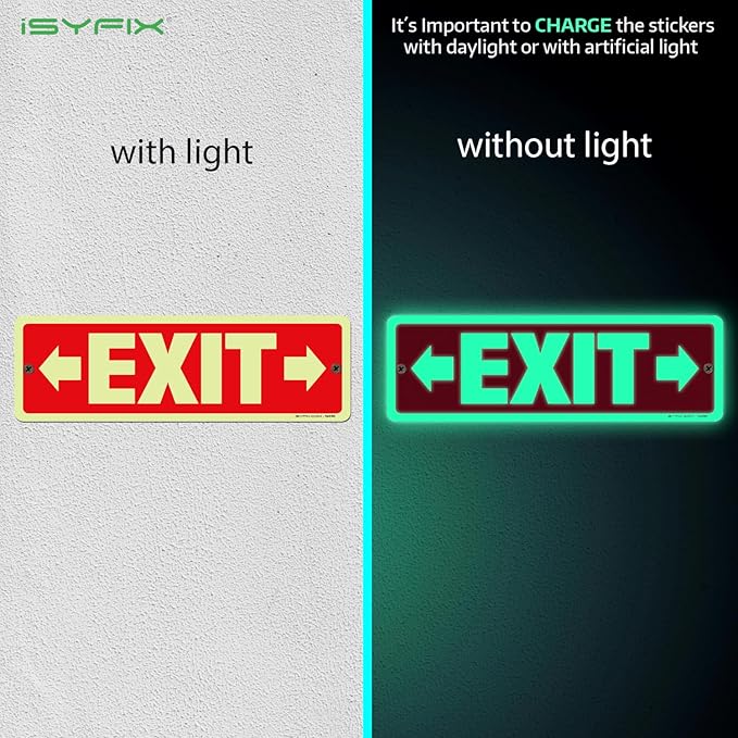 iSYFIX Exit Signs with Directional Right & Left Arrow, Glow in the Dark, Photoluminescent Aluminum 12x4 Inch - 2 Pack, Laminated for UV & Weather Resistance, Ideal for Offices, Schools, Theaters & More