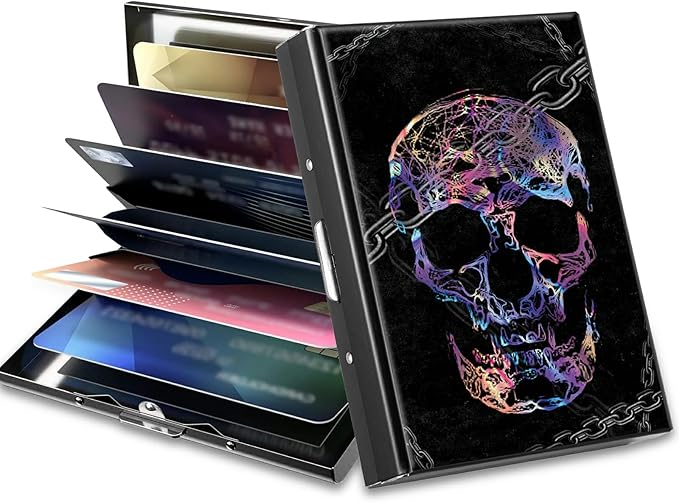 BWEGRHE Slim Credit Card Holder, Shackle Skull RFID Blocking Metal Wallet for Men & Women, Aluminum Minimalist Hard Case Pocket-Sized Business Cards Organizer (Fits Up to 10 Cards)