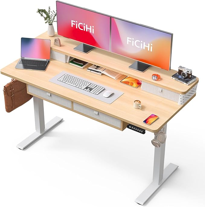 FiCiHi Electric Standing Desk with Four Drawers, Adjustable Height Sit Stand Desk, C-Clamp Compatible Home Office Desk with Storage Shelf & Monitor Stand Riser, 55 x 24 Inch, Maple