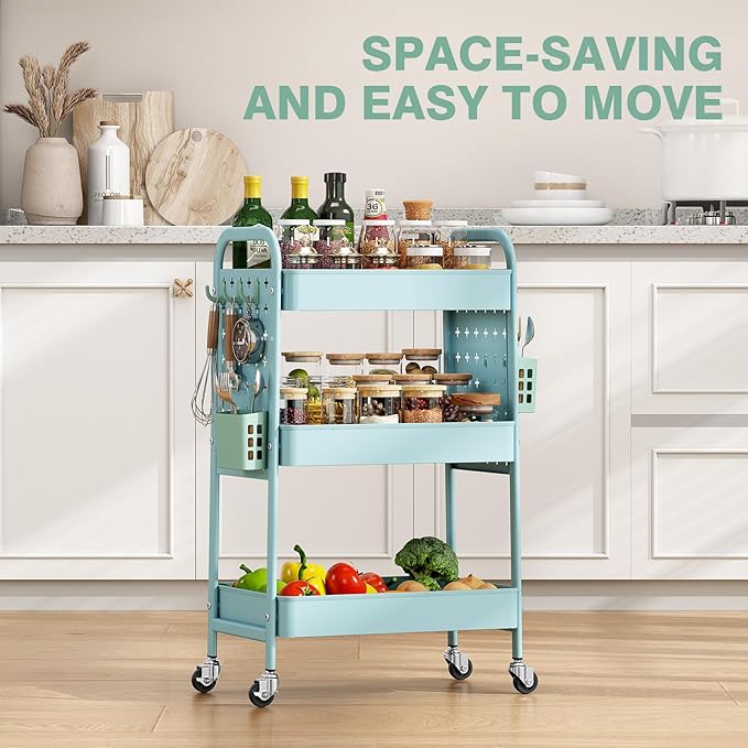 KINGRACK 3 Tier Rolling Cart with DIY Hanging Board, Metal Rolling Utility Cart with Wheels Handles Baskets Hooks, Rolling Storage Cart Suitable for Bathroom, Kitchen, Office, Nursery Diaper（Blue）