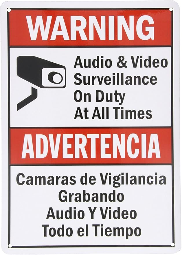 SmartSign-S-9392-AL-14 Warning - Audio & Video Surveillance On Duty At All Times Bilingual Sign By | 10" x 14" Aluminum - Black/Red on White